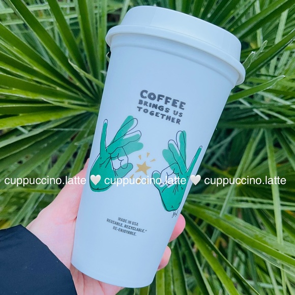 👌NEW⭐️Starbucks x Jenna Floyd 2019 ASL Green Hands Reusable Hot Cup - Picture 1 of 6